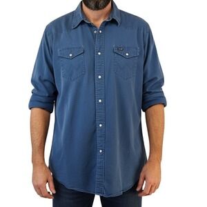 Wrangler Retro Western Brushpopper Men's XXL Twill MVR5075 Pearl Snap Solid Blue